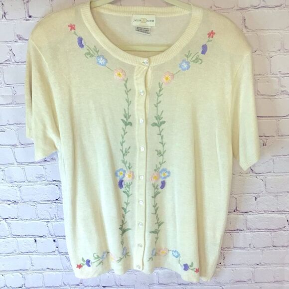 VINTAGE Jaclyn Smith Cream Embroidered Cardigan Whimsical Cottagecore Size XL - Picture 1 of 8